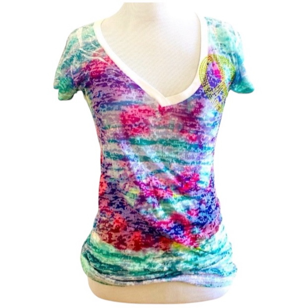 TIE DYE SHEER TOP BLOUSE SMALL GREEN PINK BABY DOLL TEE FORM FITTING Y2K